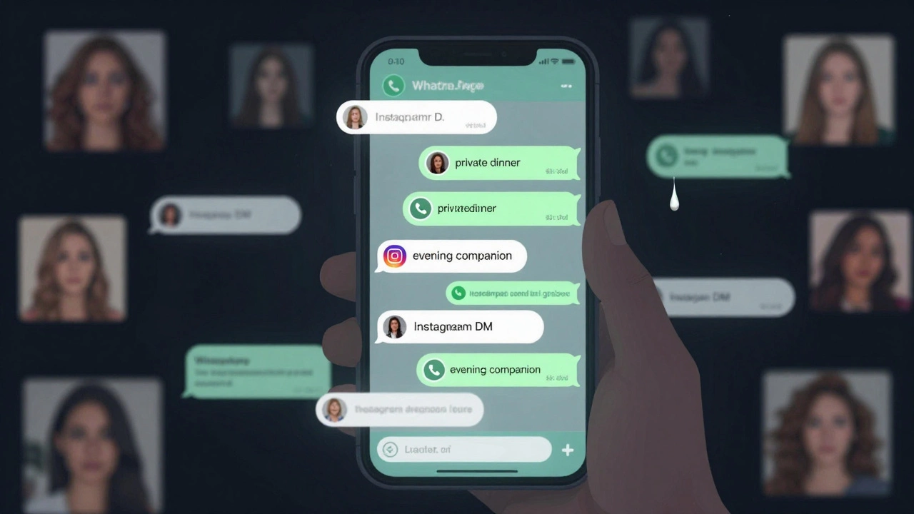 A smartphone screen displays encrypted messages and blurred profile photos, symbolizing hidden adult services.