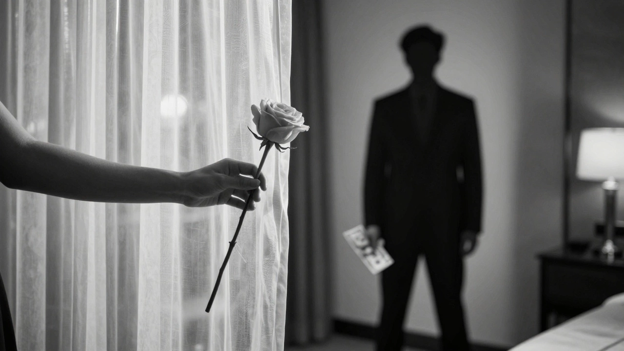 A woman&#039;s hand offers a rose behind a curtain, while a man&#039;s shadow holds cash, representing exploitation and illusion.